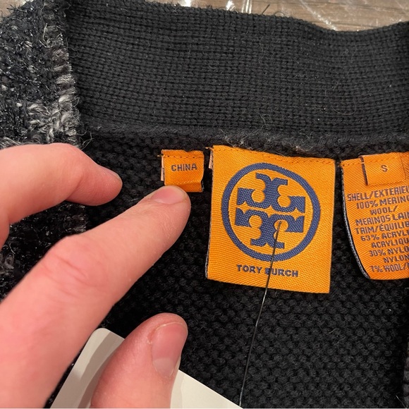Tory Burch Black Cardigan Sweater with V-neck and Floral Trim - Picture 5 of 14